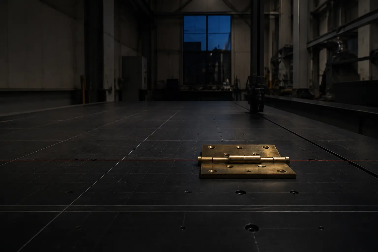 A handcrafted brass hinge aligned on a vast gridded industrial inspection table at blue hour