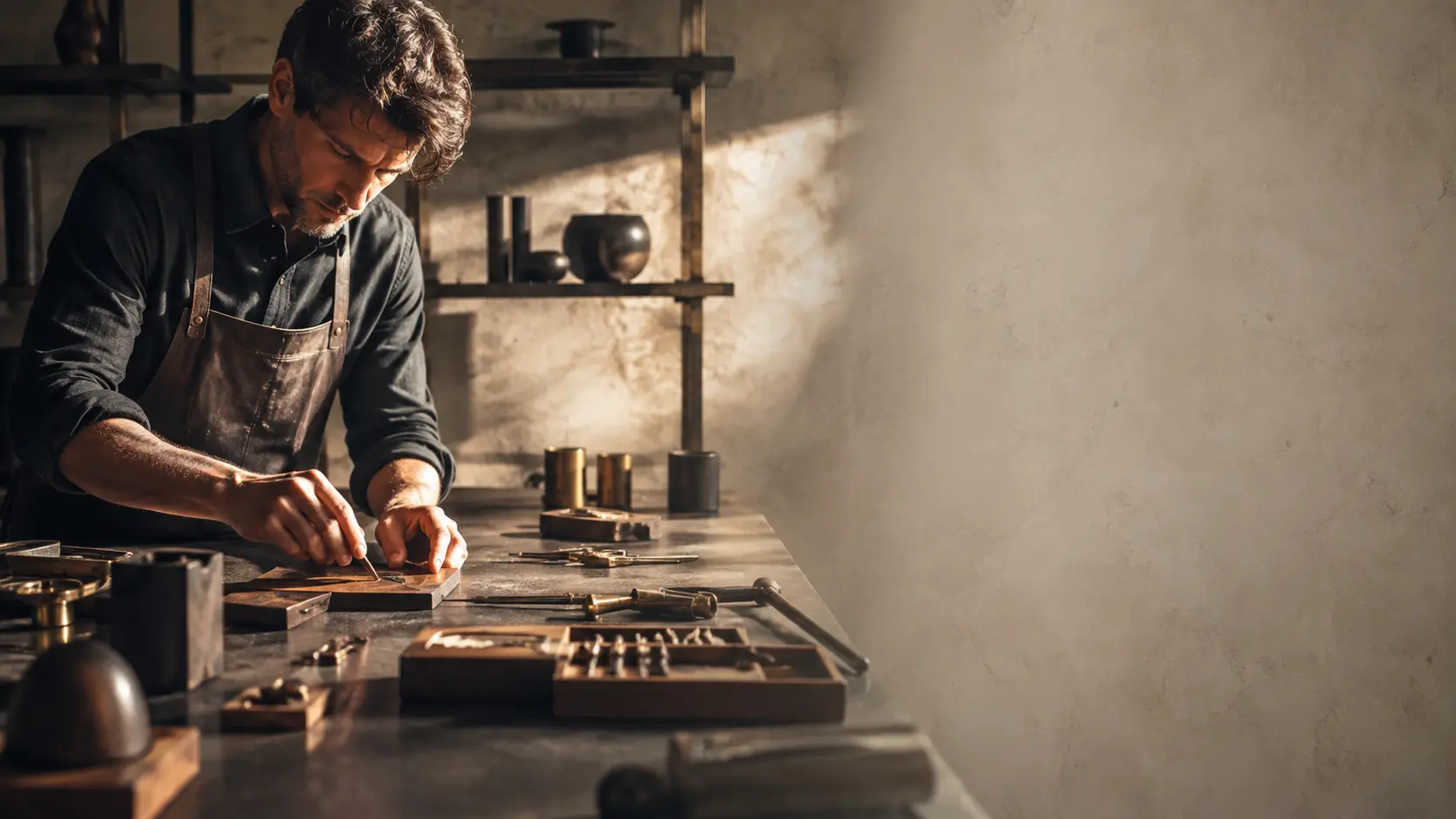 An artisan working with wood and metal in a refined workshop